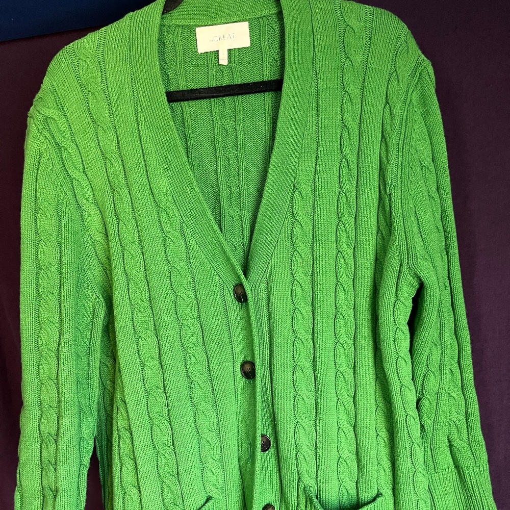 THE GREAT. True Green Cable-Knit Cotton Blend Grandpa Cardigan